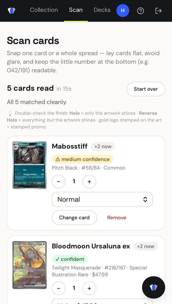 The review list: every card with its set, number, rarity, finish and price.