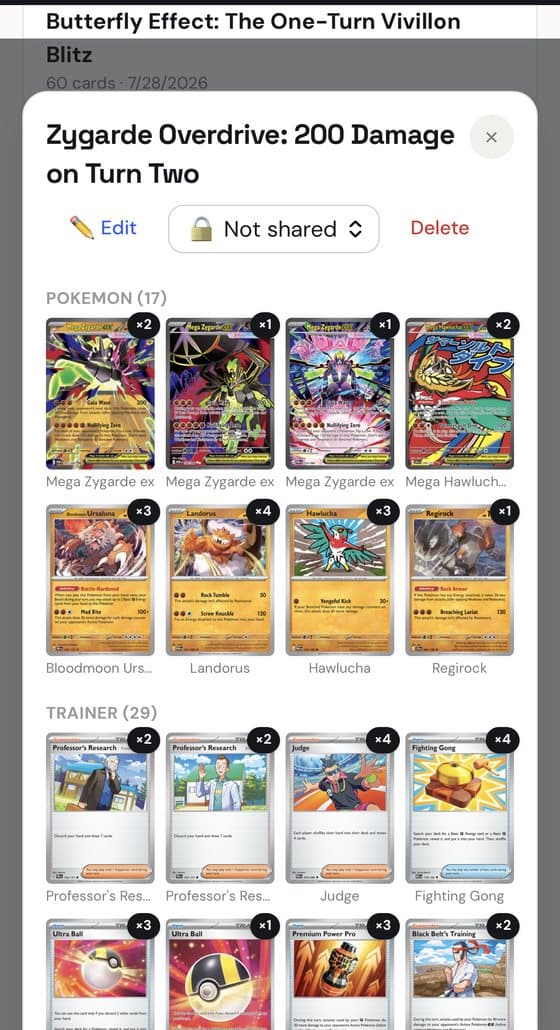A finished sixty-card deck, laid out by Pokémon and Trainer with counts on every card.